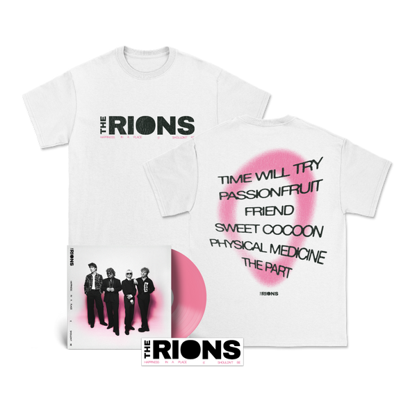 Happiness In A Place It Shouldn't Be EP 12" Vinyl (Pink), White T-Shirt & Sticker Bundle Pre-Order