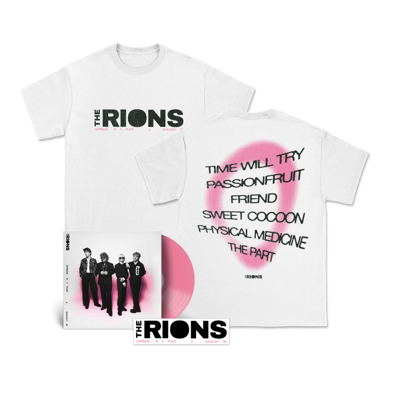 Happiness In A Place It Shouldn't Be EP 12" Vinyl (Pink), White T-Shirt & Sticker Bundle