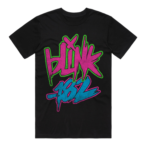 Blink 182 black t-shirt with pink,green,blue neon logo on the front