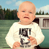no-tilt Photo of baby wearing an Amity Affliction onesie featuring an image of Lana Del Ray and text saying 'Born To Die'