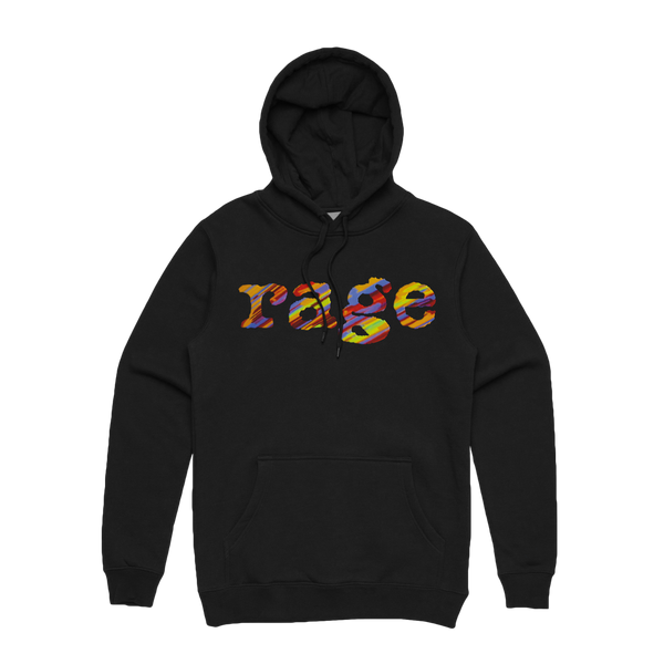 Black Unisex Hoodie with multicolour Rage Logo on Front