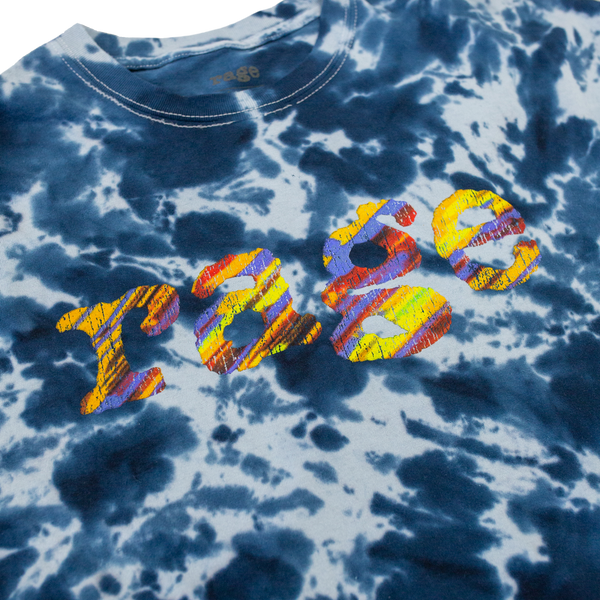 Close up of Blue Tie Dye with Vintage Rage Logo Design on Front 