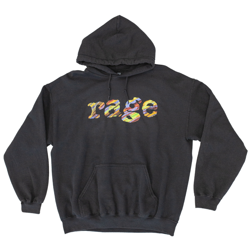 Black Hoodie with vintage rage logo on front chest