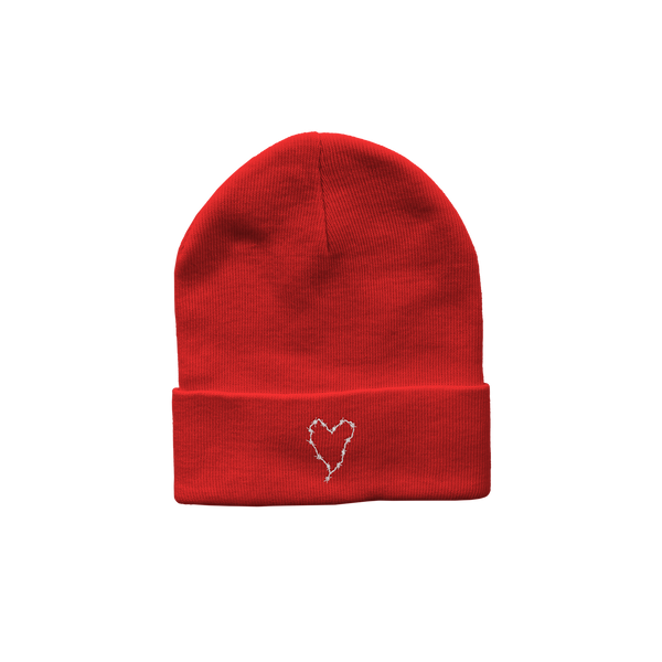 Barbed Wire Heart Embroidered Beanie (Red)